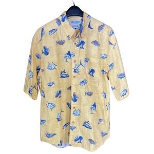 Columbia Men's Shirt Sz L Yellow Fish Print Button Up‎ Short Sleeve 100% Cotton